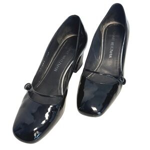Stuart Weitzman Black Patent Leather Mary Jane Block Heel Pumps Square Toe 7.5M